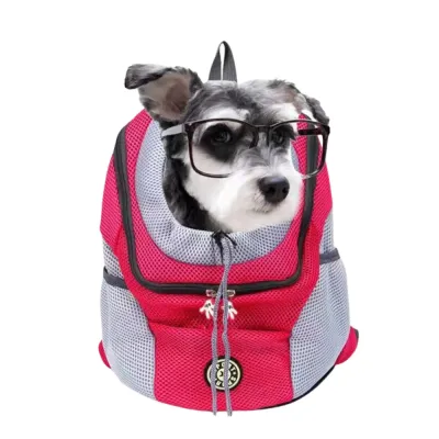 schnauzer-wearing-glasses-in-dog-backpack-carrier A small Schnauzer dog wearing black-rimmed glasses peeking out of a rose-colored mesh pet backpack carrier.