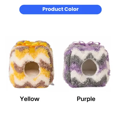hamster-hideout-color-options-yellow-purple Two small animal plush beds shown in yellow and purple chevron patterns with decorative ribbons.