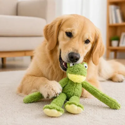 golden-retriever-chewing-frog-plush-squeaky-dog-toy-at-home Golden retriever chewing green frog squeaky plush dog toy indoors
