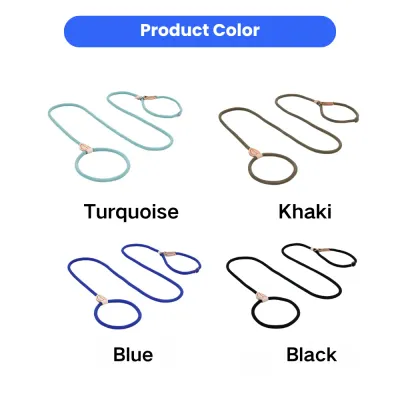 A product color chart for dog slip leads featuring four colors: Turquoise, Khaki, Blue, and Black with leather limit buckles.