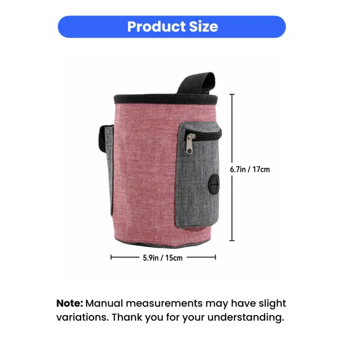 Product dimensions for the pet training bag showing a height of 6.7 inches (17cm) and width of 5.9 inches (15cm).