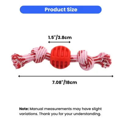 Technical diagram showing the dimensions of the dog toy: 7.08 inches total length and 1.5 inches for the rubber center ball.