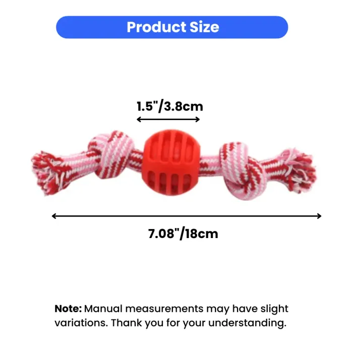 Technical diagram showing the dimensions of the dog toy: 7.08 inches total length and 1.5 inches for the rubber center ball.