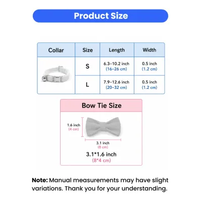 Technical size chart showing small and large adjustable lengths for corduroy cat collars and bow tie dimensions.