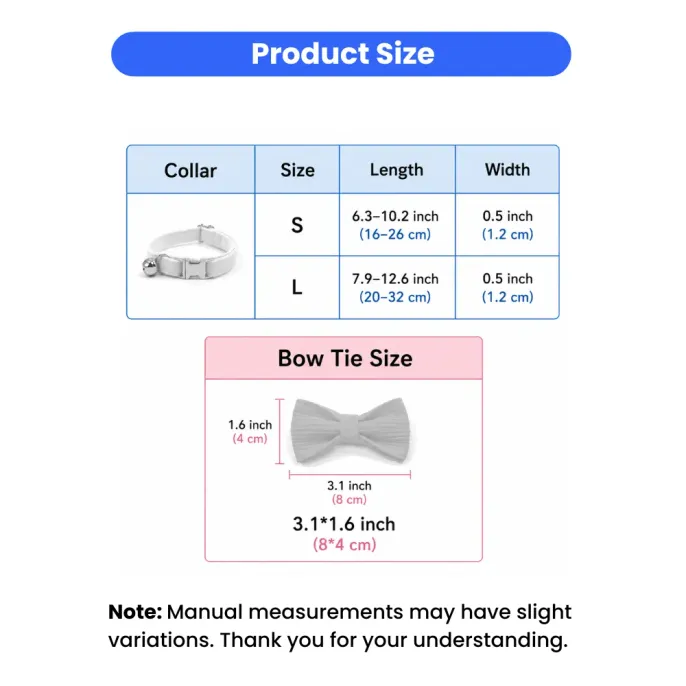 cat-collar-size-chart-adjustable-length Technical size chart showing small and large adjustable lengths for corduroy cat collars and bow tie dimensions.