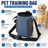 Infographic highlighting drawstring closure, belt attachment, waste bag dispenser, and adjustable waist clip on a pet training bag.