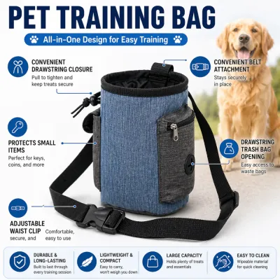 all-in-one-dog-training-bag-features Infographic highlighting drawstring closure, belt attachment, waste bag dispenser, and adjustable waist clip on a pet training bag.