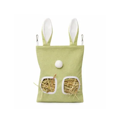 green-bunny-shaped-hay-feeder-bag Front view of a light green fabric hay feeder bag with two feeding windows, white trim, and decorative bunny ears.