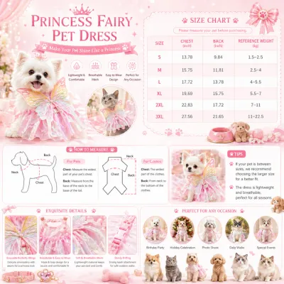 Comprehensive infographic for the Princess Fairy Pet Dress featuring exquisite details like the D-ring, breathable mesh, and usage scenarios.