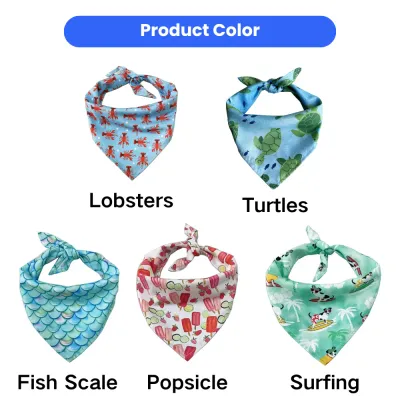 Summer Collection Dog Bandana Patterns and Colors A grid showing five different dog bandana designs: Lobsters, Turtles, Fish Scale, Popsicle, and Surfing.