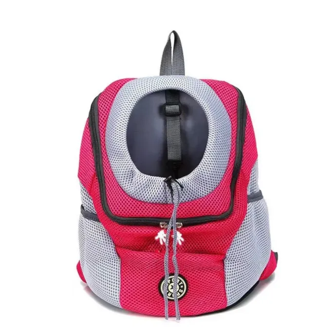 rose-pink-mesh-backpack-for-small-dogs Front view of a rose pink and grey mesh pet carrier with a built-in safety strap inside.