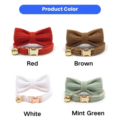Four colors of corduroy cat bow tie collars including red, brown, white, and mint green with gold hardware.