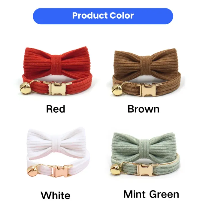 wholesale-corduroy-cat-collars-multi-color-options Four colors of corduroy cat bow tie collars including red, brown, white, and mint green with gold hardware.