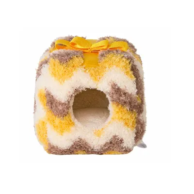 yellow-chevron-hamster-plush-house Front view of a yellow and brown chevron pattern plush hamster house with a yellow ribbon.