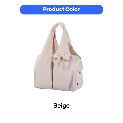 Front view of a beige soft-sided pet carrier bag with a decorative bow detail and handheld straps.