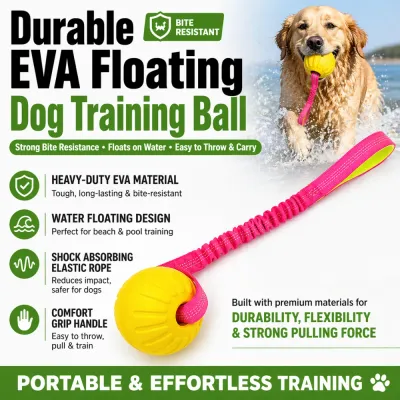 dog-training-ball-size-dimensions Size comparison chart showing two ball diameters: 2.7 inches (7cm) and 3.5 inches (9cm) with attached bungee ropes.