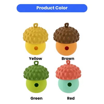 multi-color-acorn-dog-toys-wholesale Four different colors of acorn pet treat dispensers including yellow, brown, green, and red-teal combinations.