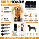 anti-slip-dog-socks-benefits-infographic Infographic showing benefits of dog socks: hot pavement protection, licking prevention, floor protection, and better grip.