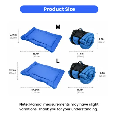 Waterproof-Dog-Mat-Size-Chart Size chart for Medium and Large portable dog mats showing dimensions in inches and centimeters for flat and rolled states.