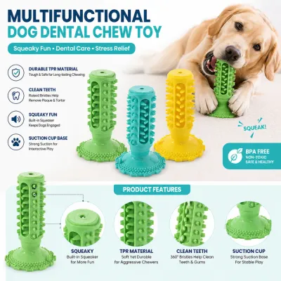 Infographic highlighting features: built-in squeaker, durable TPR material, 360-degree bristles, and suction cup base.