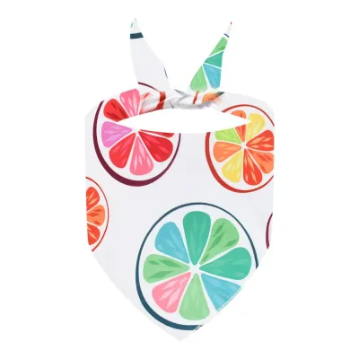 Close-up of the "Multi-colored" dog bandana featuring stylized citrus slices in pink, orange, and teal on a white background.