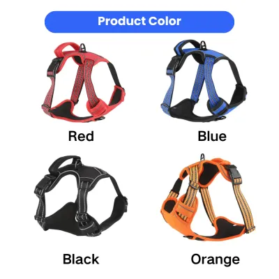 A grid showing four color options of the dog harness: Red, Blue, Black, and Orange.