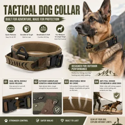 Infographic highlighting features: quick release metal buckle, scratch-resistant fabric, breathable mesh, and anti-pull design.