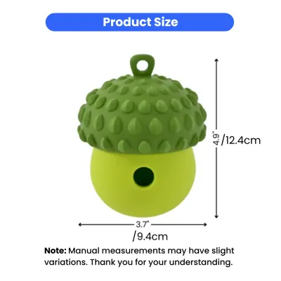 acorn-dog-toy-size-specifications Dimensional diagram of the silicone dog toy showing a height of 4.9 inches (12.4cm) and a width of 3.7 inches (9.4cm).