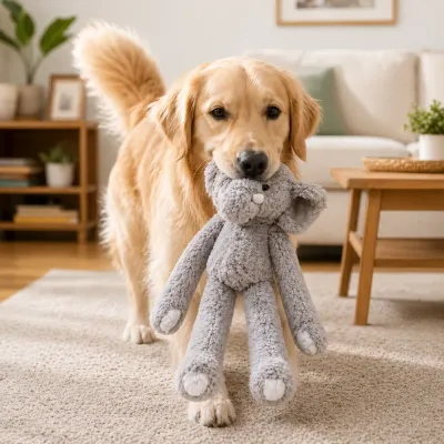 A Golden Retriever carrying the long-arm grey elephant plush toy in its mouth indoors.