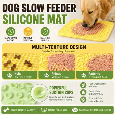 Infographic showing the multi-texture design for dry and wet food, suction cups, and food-grade silicone benefits for dog health.