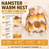 Infographic highlighting features: enclosed design, soft plush fabric, excellent warmth, and bite-resistant material.