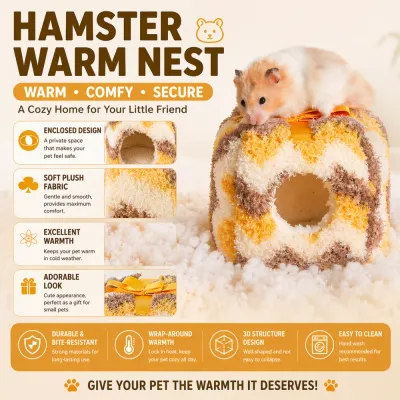 hamster-winter-bed-features-benefits Infographic highlighting features: enclosed design, soft plush fabric, excellent warmth, and bite-resistant material.