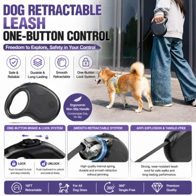 Infographic showing the 16ft retractable leash features: one-button brake system, 360-degree tangle-free cord, and high-quality internal spring.