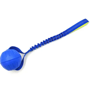 blue-eva-dog-ball-toy-for-water-play A bright blue bite-resistant dog training ball with a matching blue elastic pull rope.