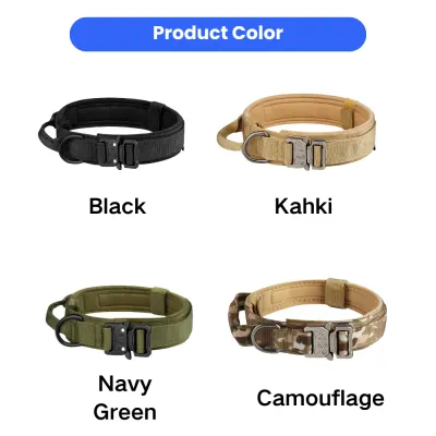 Product grid showing four tactical dog collar colors: Black, Khaki, Navy Green, and Camouflage.