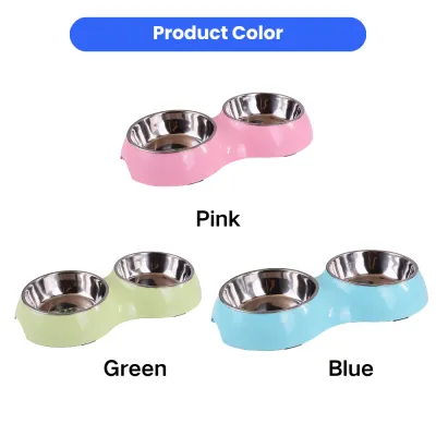 Three color options for wholesale double pet bowls: Pink, Green, and Blue.