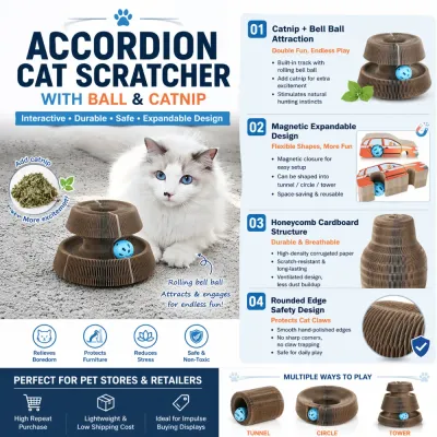 Accordion honeycomb cardboard cat scratcher with bell ball catnip magnetic design durable interactive cat toy wholesale