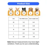 dog-socks-size-chart-xs-to-xl Comprehensive size guide for dog socks ranging from XS to XL with paw width and sock length measurements in inches.