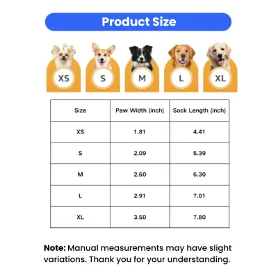dog-socks-size-chart-xs-to-xl Comprehensive size guide for dog socks ranging from XS to XL with paw width and sock length measurements in inches.