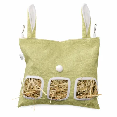 Front view of a sage green fabric hay feeder bag with white trim and three feeding holes.