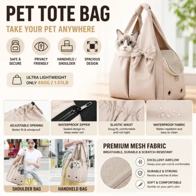 Infographic highlighting features of the pet tote including waterproof fabric, premium mesh, elastic waist, and lightweight design at 460g.