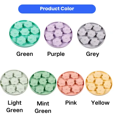 Available Colors for Silicone Dog Lick Mat A collage showing the floral dog lick mat in seven different colors: Green, Purple, Grey, Light Green, Mint Green, Pink, and Yellow.