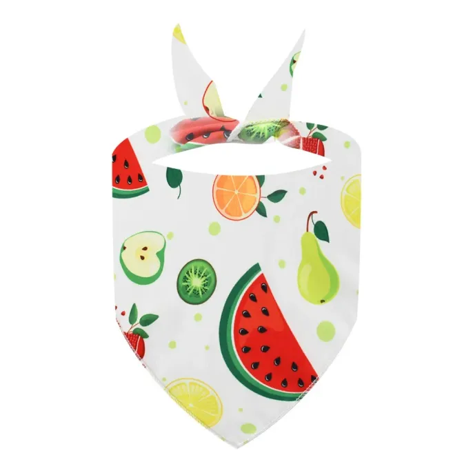 red-watermelon-kiwi-fruit-medley-dog-bandana Close-up of the "Red" dog bandana featuring a variety of fruits including watermelon, kiwi, pear, and lemon.
