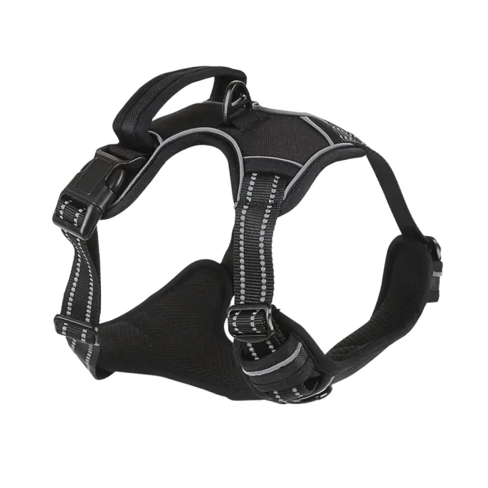 Stealth Black No-Pull Dog Tactical Harness A black reflective dog harness featuring rust-resistant hardware and soft padded chest plate.
