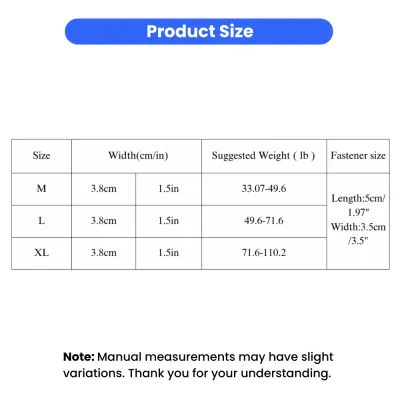 A size chart table for tactical dog collars listing Medium, Large, and XL sizes with suggested weight in pounds and width in inches.