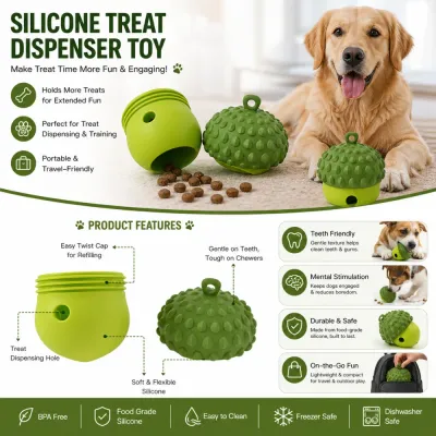 silicone-acorn-dog-treat-dispenser-features Infographic showing a green silicone acorn treat dispenser toy for dogs with features like BPA-free, food-grade material, and dishwasher safe.