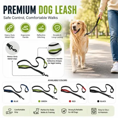 Infographic highlighting features: heavy-duty metal clips, ergonomic handles, reflective stitching, and durability for all dog sizes.