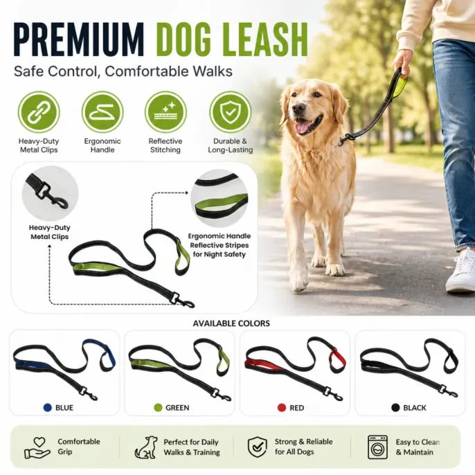 Heavy-Duty-Reflective-Dog-Leash-Features Infographic highlighting features: heavy-duty metal clips, ergonomic handles, reflective stitching, and durability for all dog sizes.