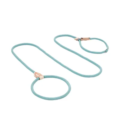 Turquoise high-density PP rope slip lead with genuine leather stoppers on a white background.