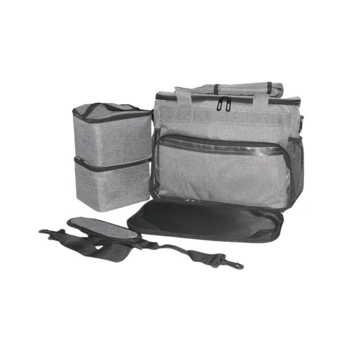 Isolated view of the grey pet travel organizer with stacked food containers and adjustable carry strap.